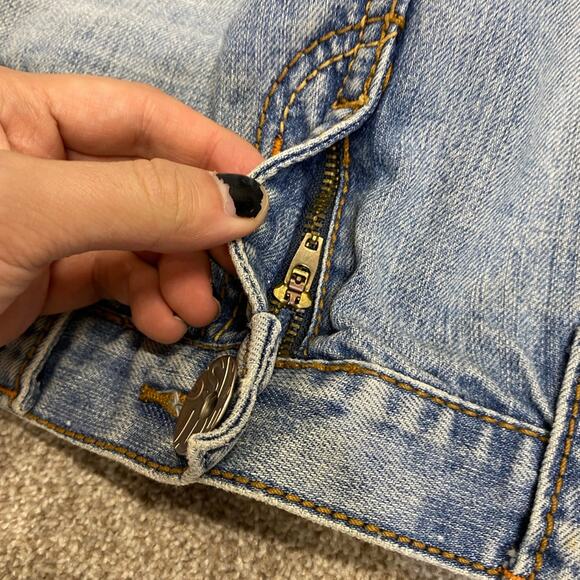 Y2K 00s Vtg Distress Hot Kiss Denim Mini Skirt 9 Frayed Hem Embroidered Low rise - Picture 6 of 12